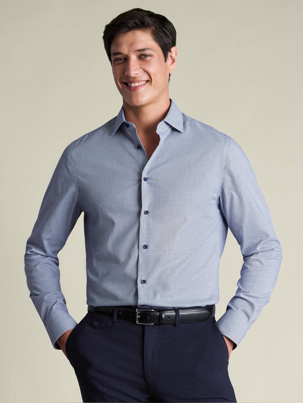 Non-Iron Stretch Texture Shirt – Indigo Blue & White